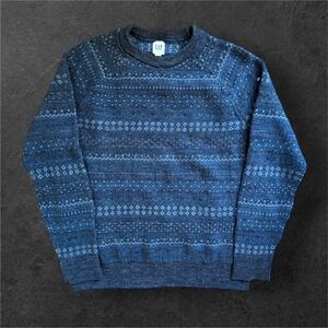 GAP Men Sweater Size M Blue Fair Isle Pattern Crew Neck Raglan Sleeve Y2K